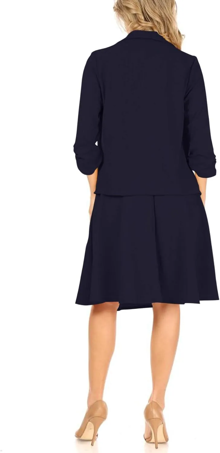 Women's Two-Piece Suit Set  3/4 Sleeve Fitted Blazer and Midi Skirt