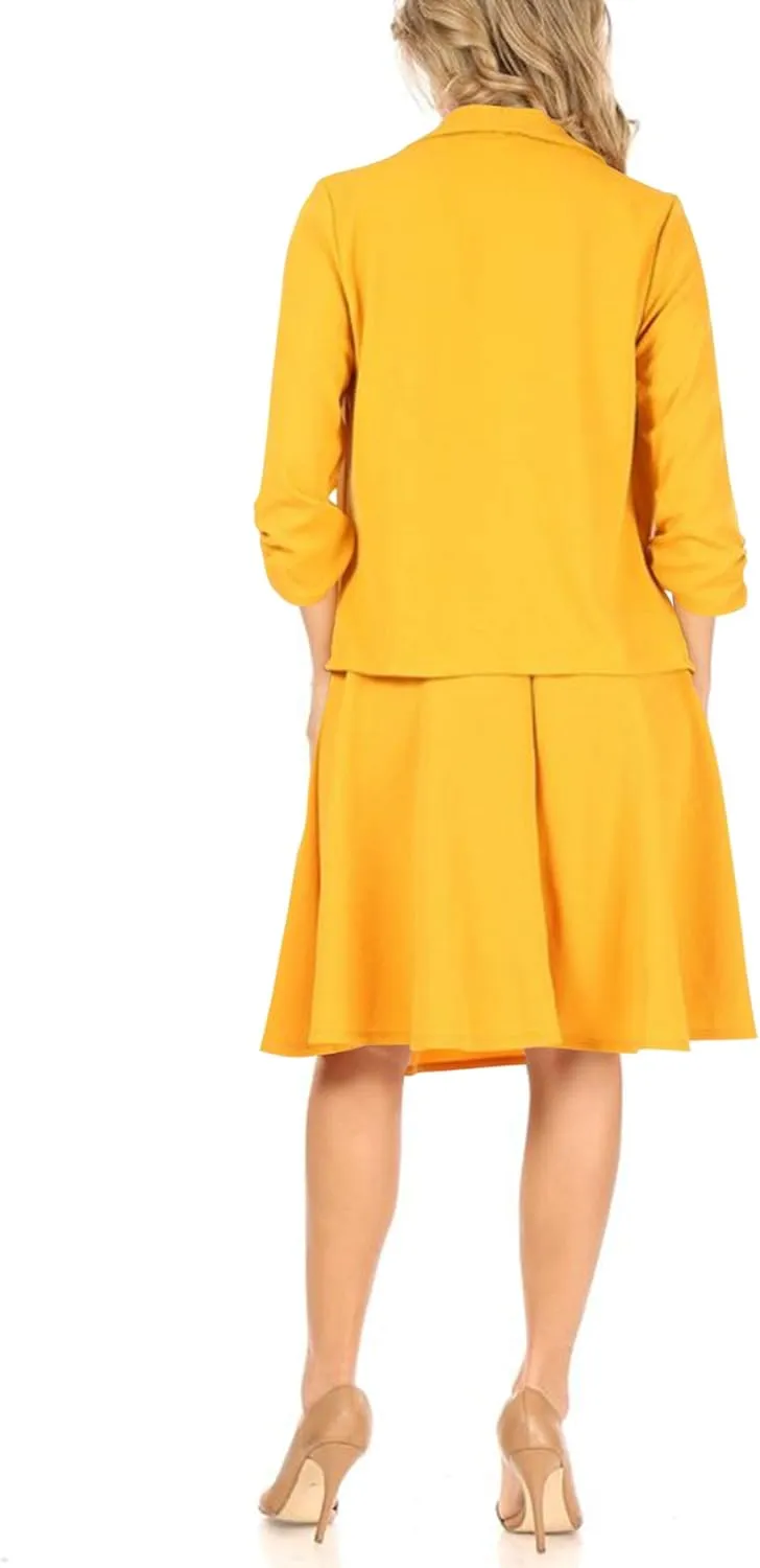 Women's Two-Piece Suit Set  3/4 Sleeve Fitted Blazer and Midi Skirt