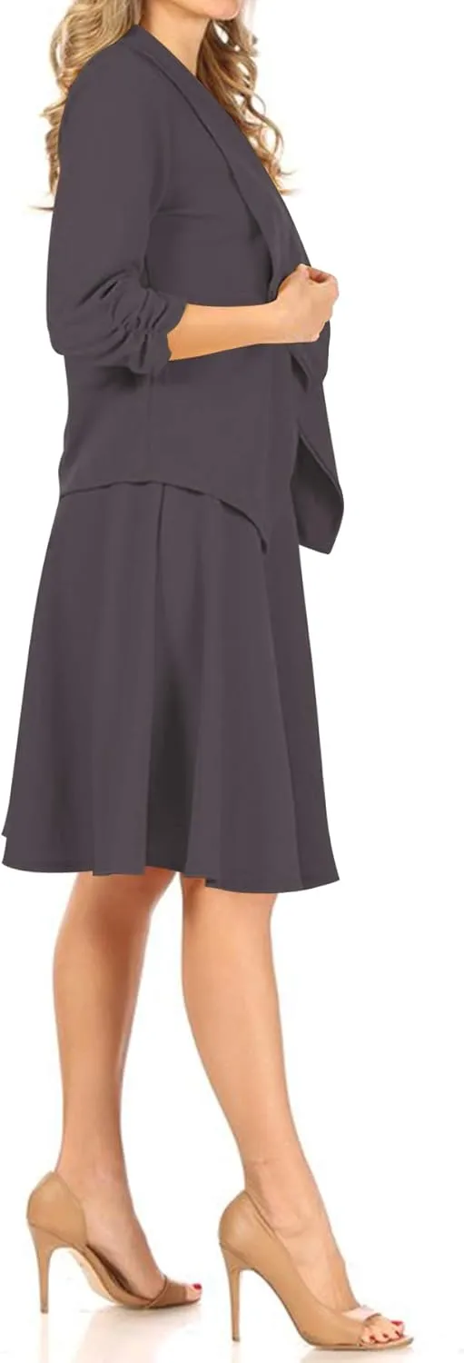 Women's Two-Piece Suit Set  3/4 Sleeve Fitted Blazer and Midi Skirt