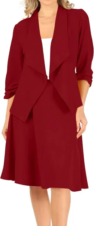 Women's Two-Piece Suit Set  3/4 Sleeve Fitted Blazer and Midi Skirt