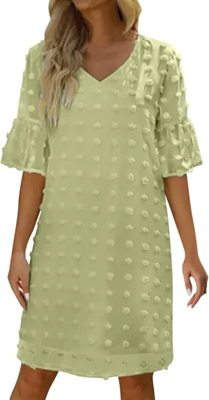 Womens V Neck Casual Vacation Dress Short Sleeve Smocked Swiss Dot Swing Ruffle Mini Beach Summer Dresses 2025 Trendy