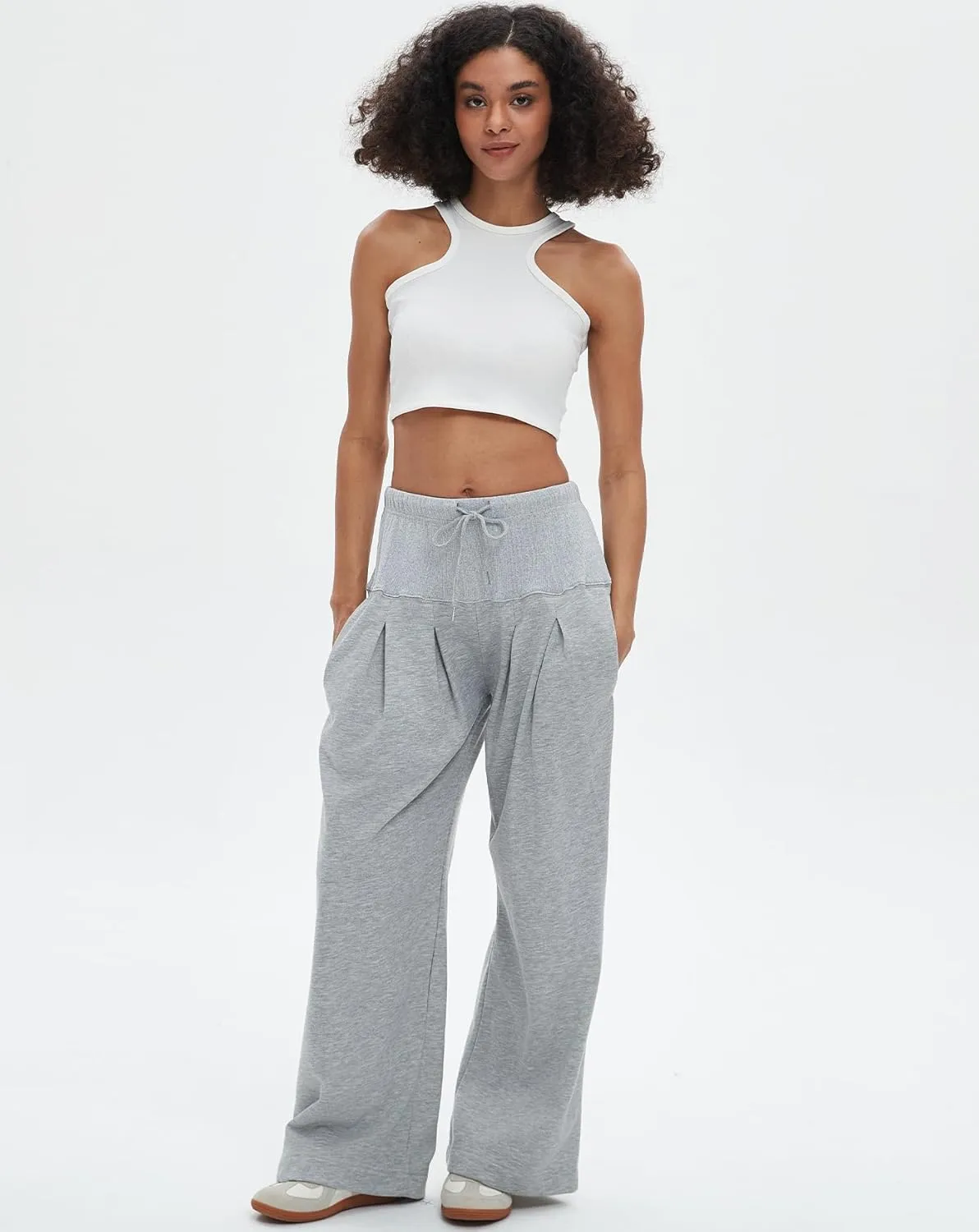 Womens Wide Leg Sweatpants Drawstring Elastic High Waisted Casual Loose Baggy Lounge Trousers with Pockets