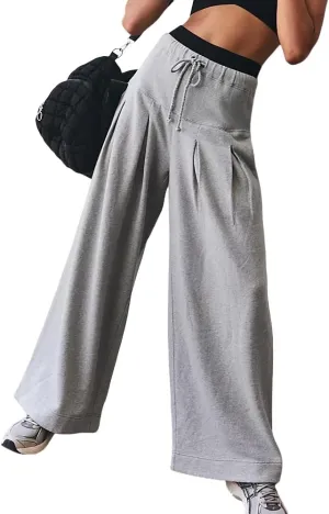 Womens Wide Leg Sweatpants Drawstring Elastic High Waisted Casual Loose Baggy Lounge Trousers with Pockets