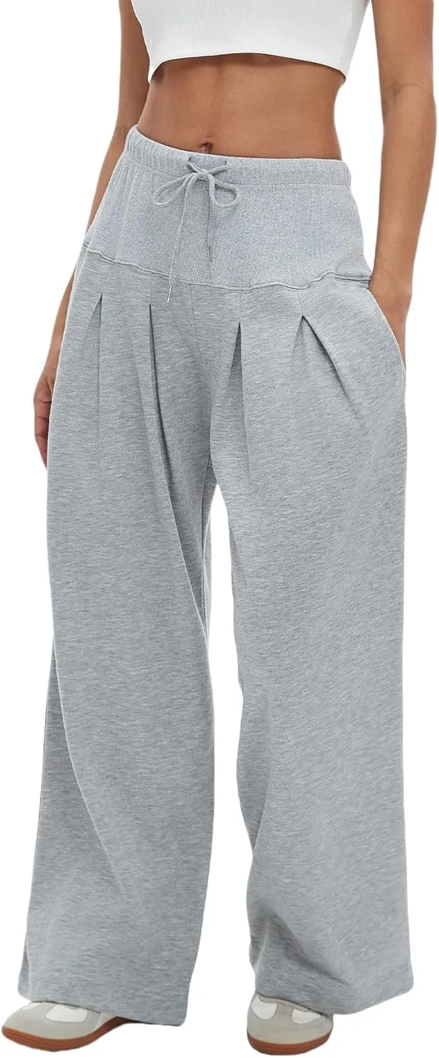 Womens Wide Leg Sweatpants Drawstring Elastic High Waisted Casual Loose Baggy Lounge Trousers with Pockets
