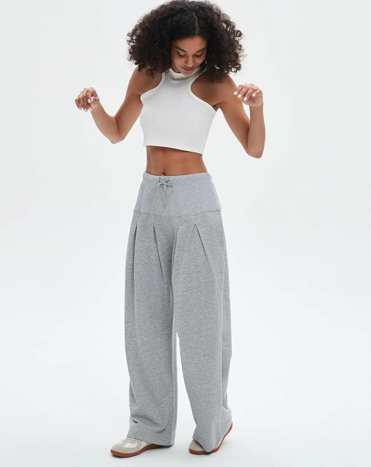 Womens Wide Leg Sweatpants Drawstring Elastic High Waisted Casual Loose Baggy Lounge Trousers with Pockets