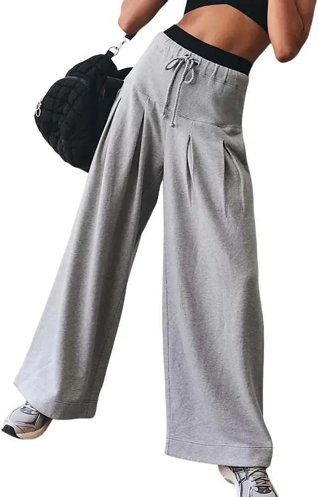 Womens Wide Leg Sweatpants Drawstring Elastic High Waisted Casual Loose Baggy Lounge Trousers with Pockets