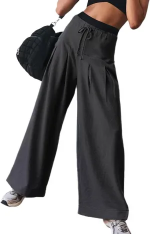 Womens Wide Leg Sweatpants Drawstring Elastic High Waisted Casual Loose Baggy Lounge Trousers with Pockets