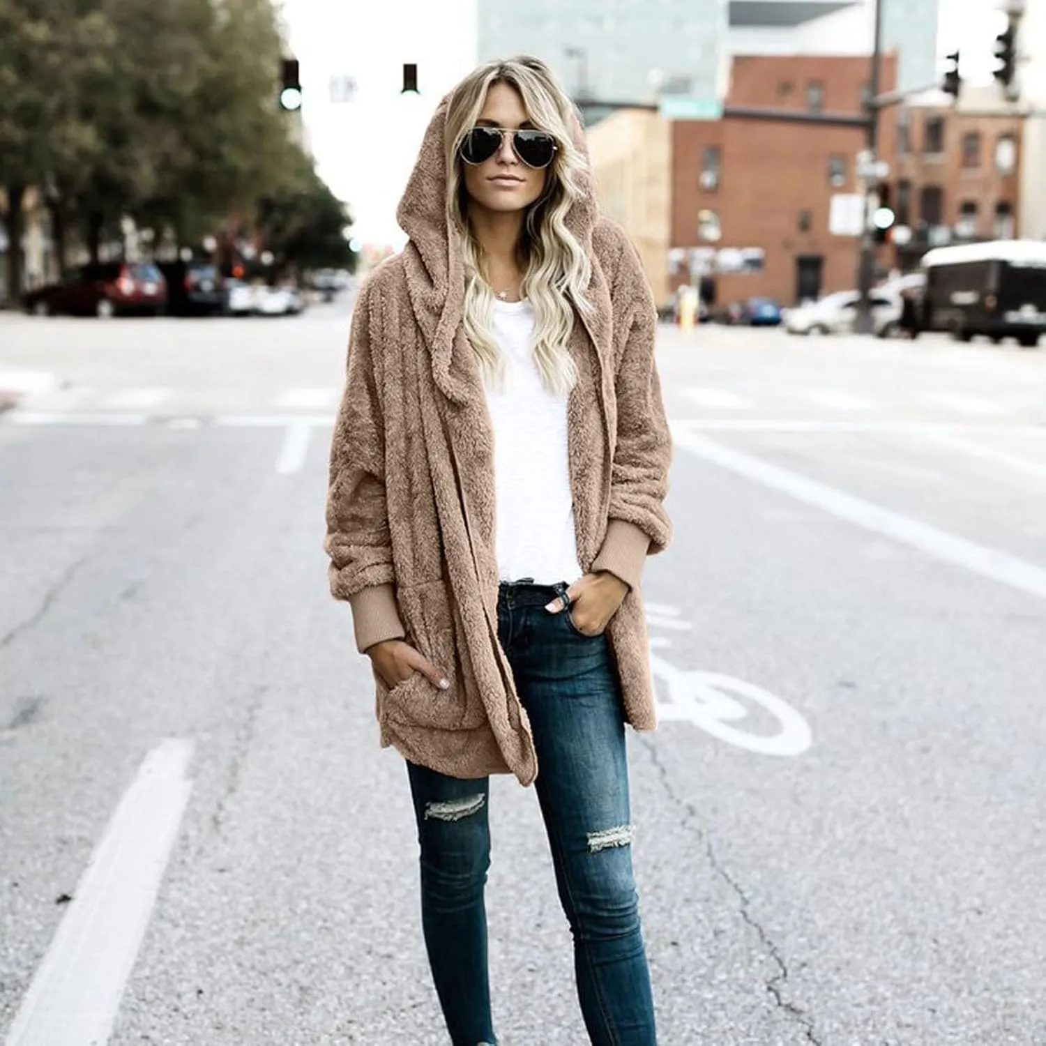 Womens Winter Coats Baggy Comfy Shaggy Sherpa Jacket Oversized Fleece Outwear Casual Open Front Cardigan fith Pockets
