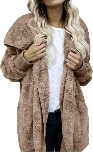 Womens Winter Coats Baggy Comfy Shaggy Sherpa Jacket Oversized Fleece Outwear Casual Open Front Cardigan fith Pockets