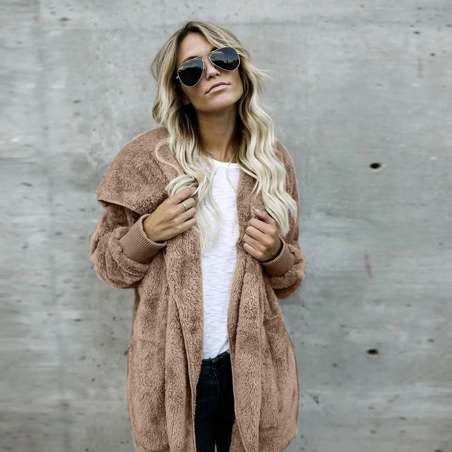 Womens Winter Coats Baggy Comfy Shaggy Sherpa Jacket Oversized Fleece Outwear Casual Open Front Cardigan fith Pockets