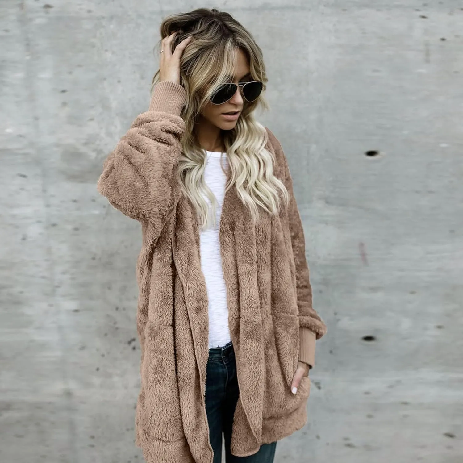Womens Winter Coats Baggy Comfy Shaggy Sherpa Jacket Oversized Fleece Outwear Casual Open Front Cardigan fith Pockets