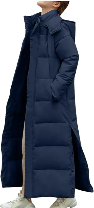 Women's Winter Warm Long Sleeve Cotton Jacket Pockets Hooded Padded Coat Thick Outerwear Maxi Length Quilted Coats