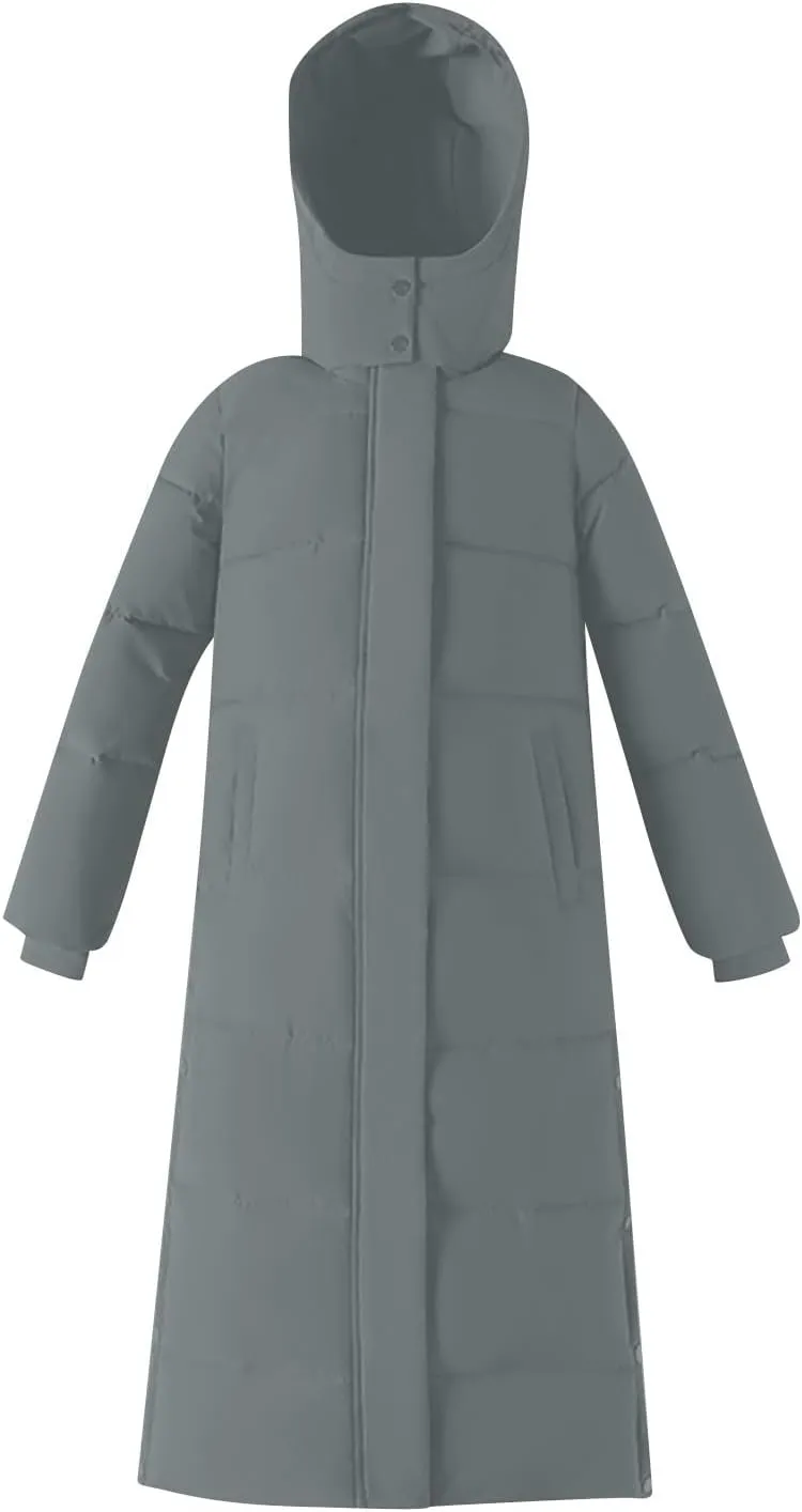 Women's Winter Warm Long Sleeve Cotton Jacket Pockets Hooded Padded Coat Thick Outerwear Maxi Length Quilted Coats