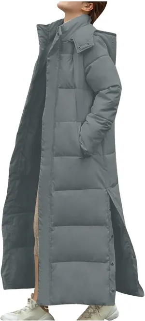Women's Winter Warm Long Sleeve Cotton Jacket Pockets Hooded Padded Coat Thick Outerwear Maxi Length Quilted Coats