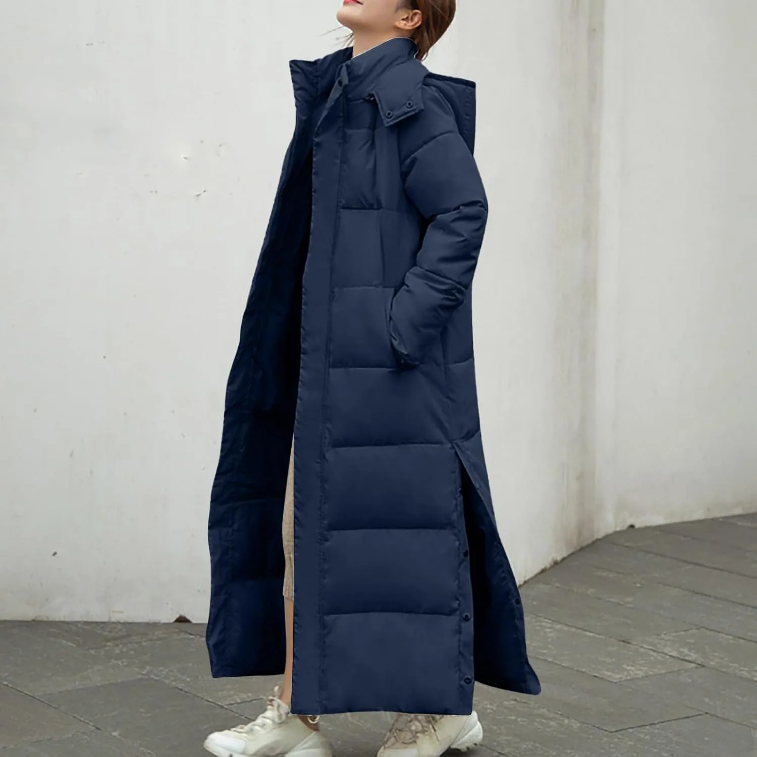 Women's Winter Warm Long Sleeve Cotton Jacket Pockets Hooded Padded Coat Thick Outerwear Maxi Length Quilted Coats