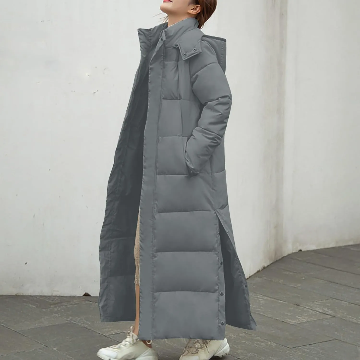 Women's Winter Warm Long Sleeve Cotton Jacket Pockets Hooded Padded Coat Thick Outerwear Maxi Length Quilted Coats