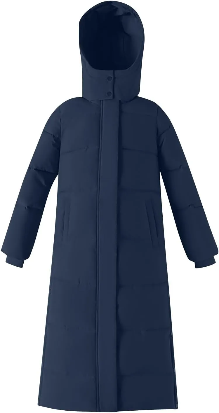 Women's Winter Warm Long Sleeve Cotton Jacket Pockets Hooded Padded Coat Thick Outerwear Maxi Length Quilted Coats