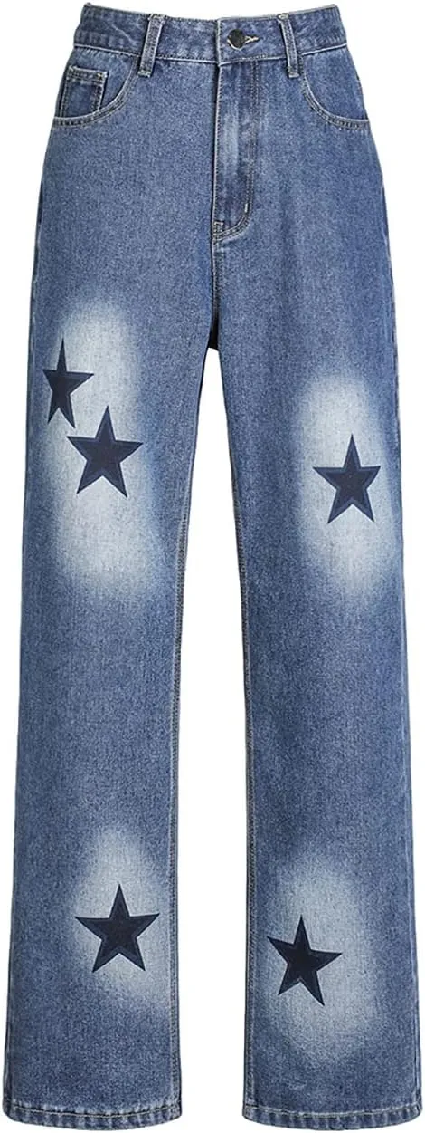 Women's Y2K Fashion Wide Leg High Waist Boyfriend Jeans Loose Fit Vintage Baggy Denim Pants Teen Girls Flower Embroidery