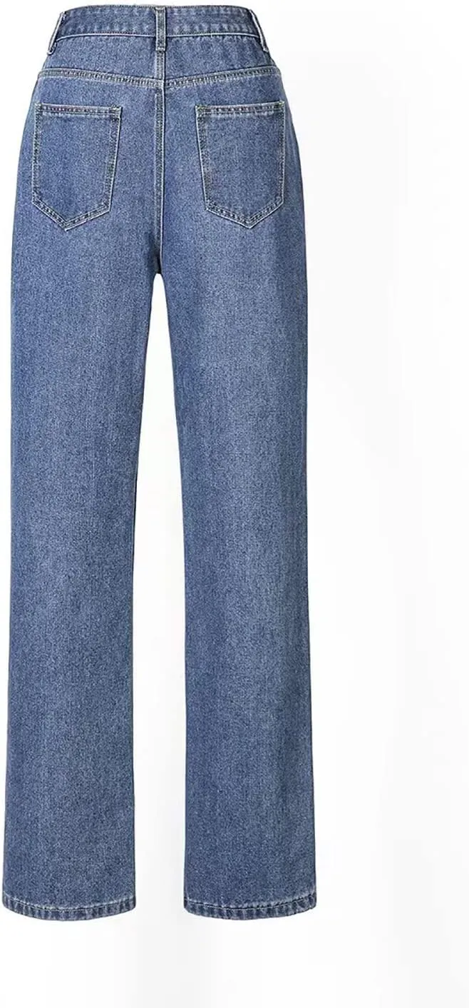 Women's Y2K Fashion Wide Leg High Waist Boyfriend Jeans Loose Fit Vintage Baggy Denim Pants Teen Girls Flower Embroidery