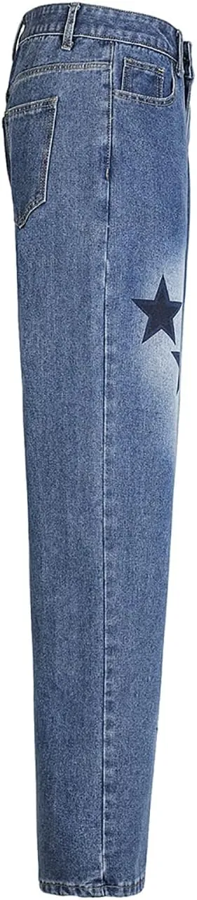 Women's Y2K Fashion Wide Leg High Waist Boyfriend Jeans Loose Fit Vintage Baggy Denim Pants Teen Girls Flower Embroidery