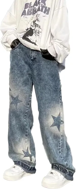 Women's Y2K Fashion Wide Leg High Waist Boyfriend Jeans Loose Fit Vintage Baggy Denim Pants Teen Girls Flower Embroidery