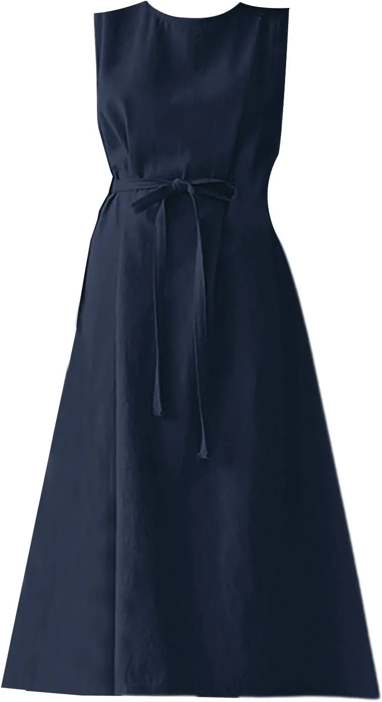 XOWRTE Womens Linen Loose Sleeveless Sundress Comfy Midi Dress Summer Crewneck Tie Waist Solid Beach Tank Dresses for Women