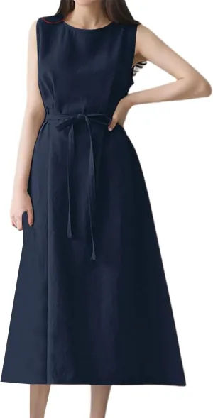 XOWRTE Womens Linen Loose Sleeveless Sundress Comfy Midi Dress Summer Crewneck Tie Waist Solid Beach Tank Dresses for Women