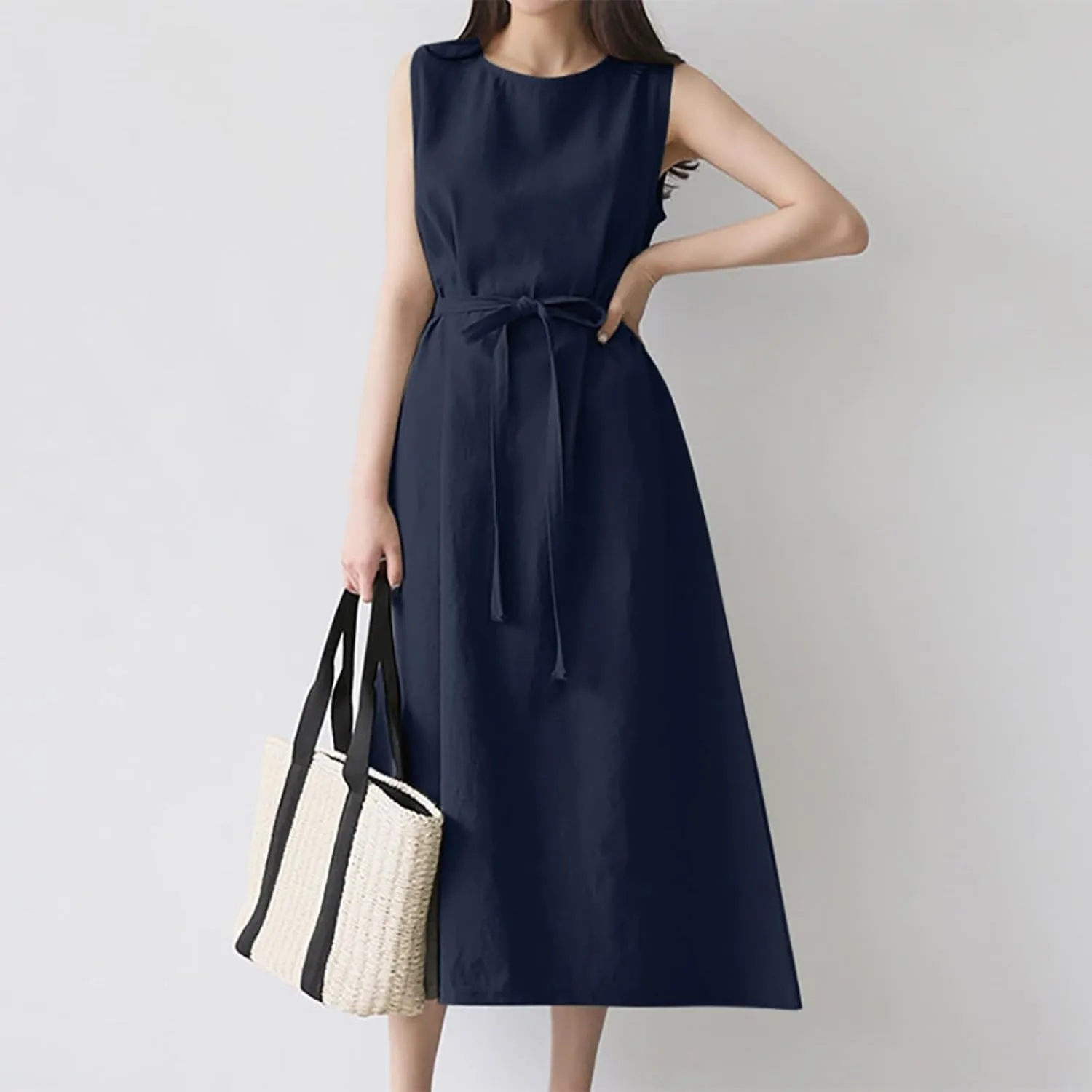 XOWRTE Womens Linen Loose Sleeveless Sundress Comfy Midi Dress Summer Crewneck Tie Waist Solid Beach Tank Dresses for Women