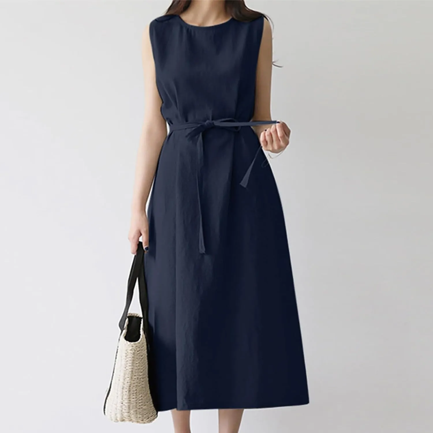 XOWRTE Womens Linen Loose Sleeveless Sundress Comfy Midi Dress Summer Crewneck Tie Waist Solid Beach Tank Dresses for Women
