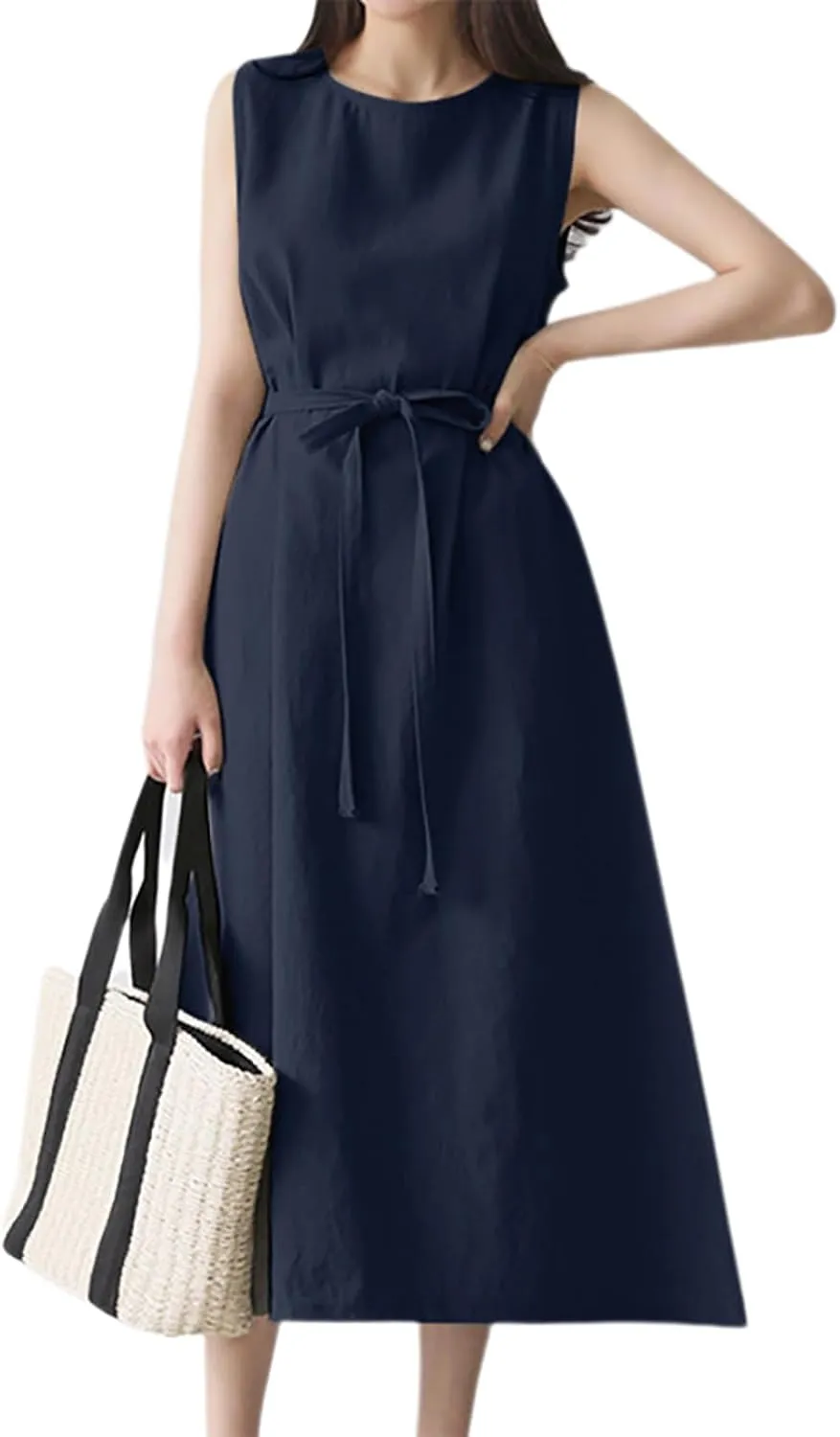 XOWRTE Womens Linen Loose Sleeveless Sundress Comfy Midi Dress Summer Crewneck Tie Waist Solid Beach Tank Dresses for Women