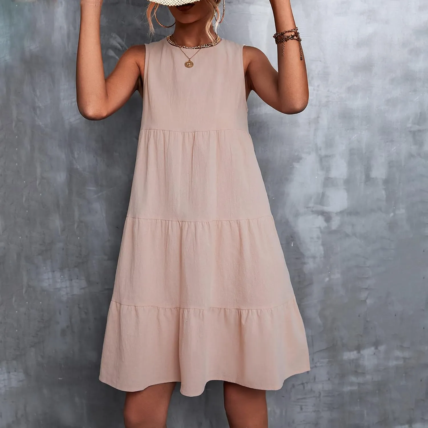 XUNRYAN Summer Women's Casual Tank T Shirt Dresses Sleeveless Babydoll Slip Gown Tiered Ruffle Mini Dress Short Beach Dress