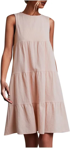 XUNRYAN Summer Women's Casual Tank T Shirt Dresses Sleeveless Babydoll Slip Gown Tiered Ruffle Mini Dress Short Beach Dress