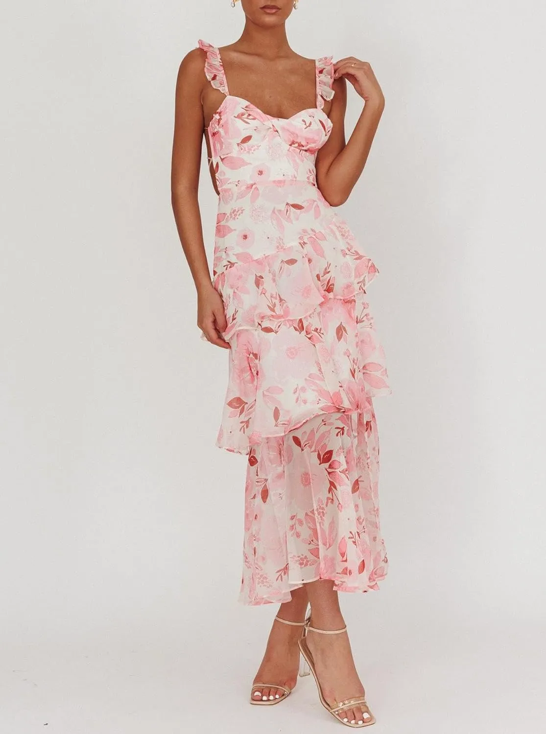 Y2k Women Boho Floral Maxi Dress Flower Ruffle Sexy Backless Sleeveless Flowy Tiered Long Sundress Summer Party