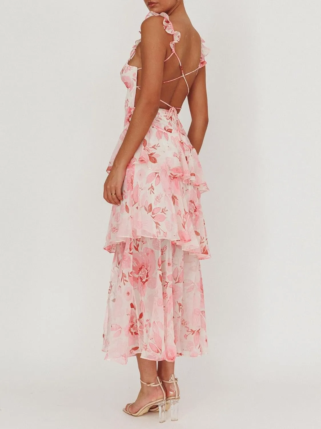 Y2k Women Boho Floral Maxi Dress Flower Ruffle Sexy Backless Sleeveless Flowy Tiered Long Sundress Summer Party