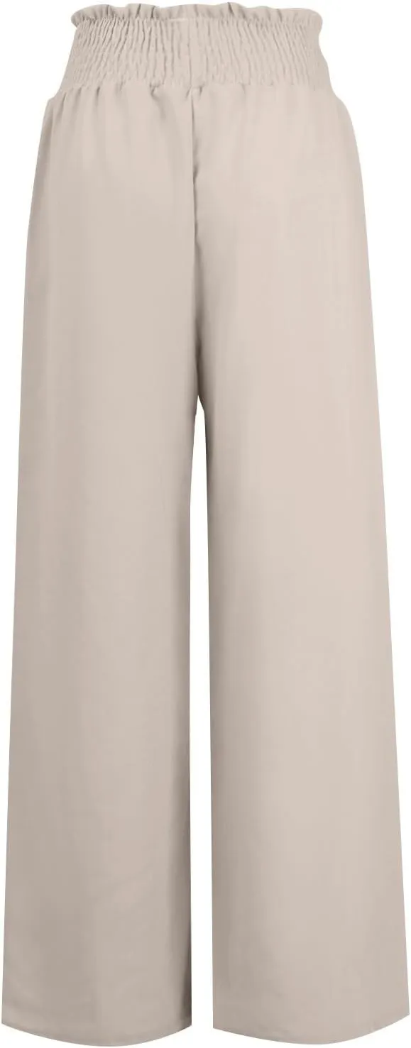 yardsong Linen Pants Women Summer Boho Smocked Drawstring High Waist Wide Leg Casual Loose Fit Trousers with Pockets