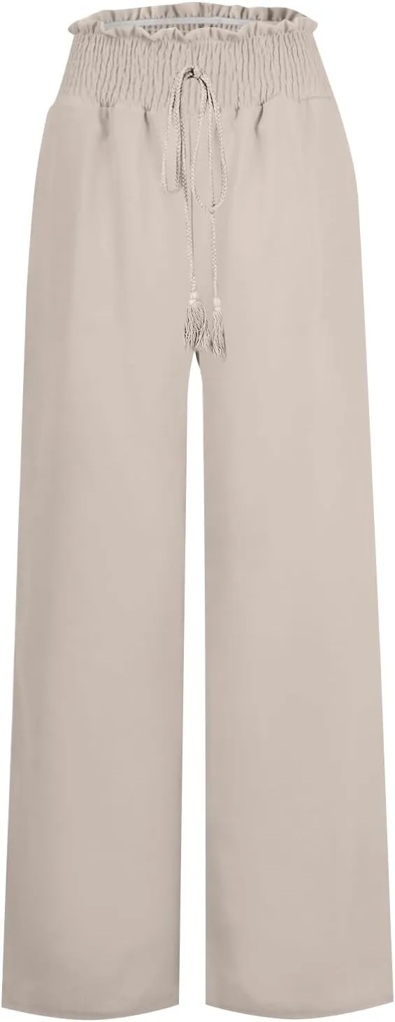 yardsong Linen Pants Women Summer Boho Smocked Drawstring High Waist Wide Leg Casual Loose Fit Trousers with Pockets