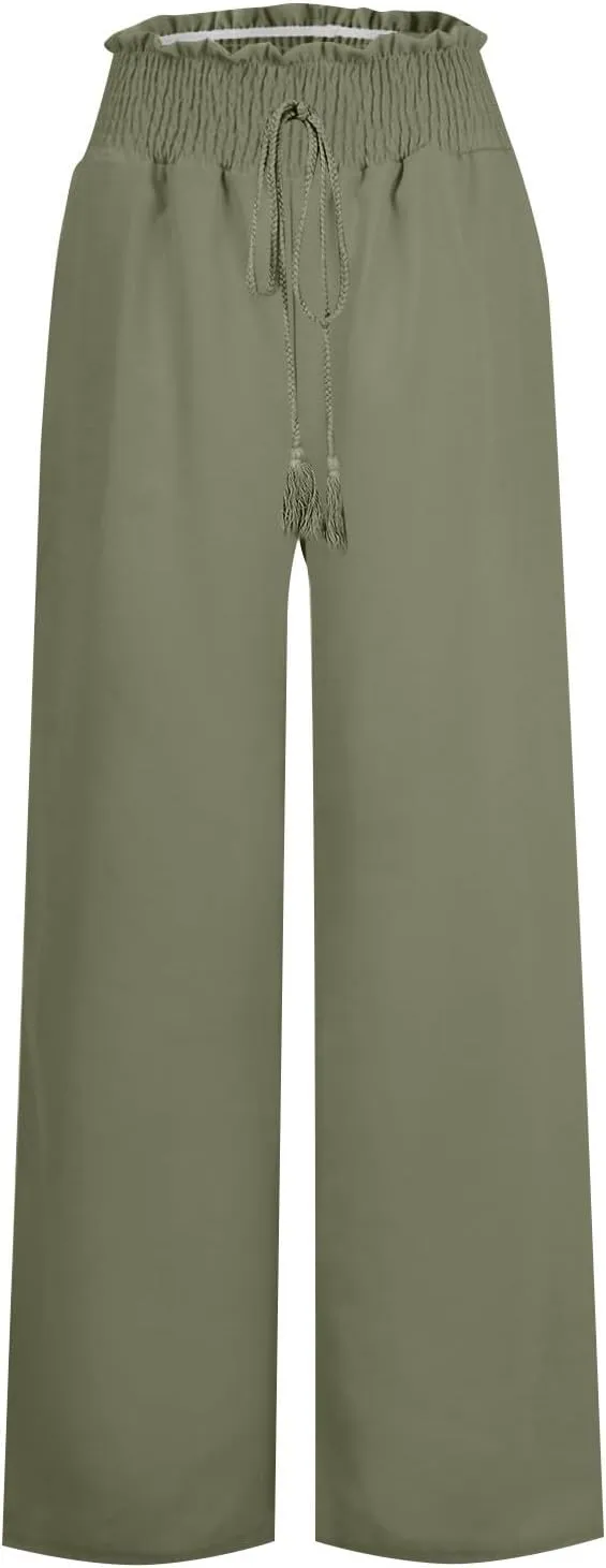 yardsong Linen Pants Women Summer Boho Smocked Drawstring High Waist Wide Leg Casual Loose Fit Trousers with Pockets