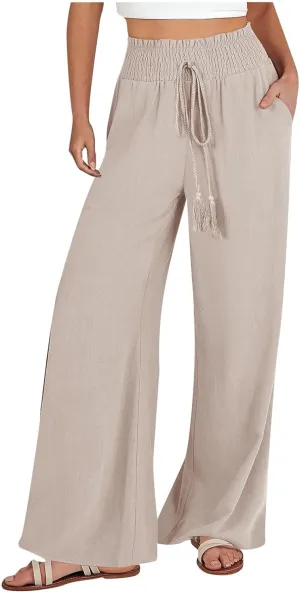 yardsong Linen Pants Women Summer Boho Smocked Drawstring High Waist Wide Leg Casual Loose Fit Trousers with Pockets