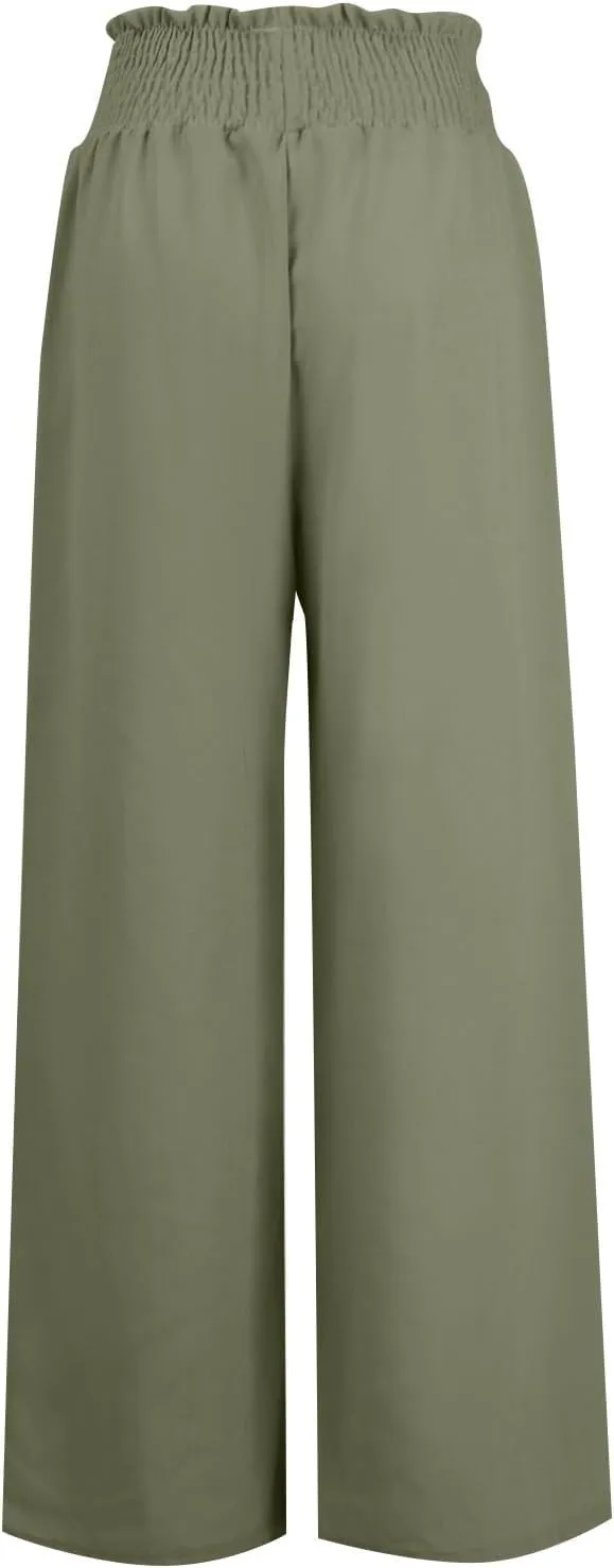yardsong Linen Pants Women Summer Boho Smocked Drawstring High Waist Wide Leg Casual Loose Fit Trousers with Pockets