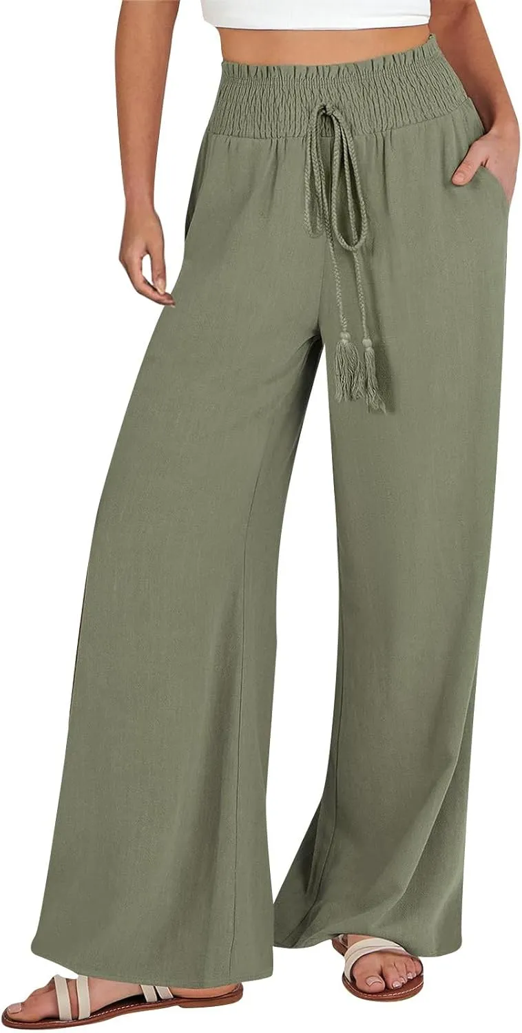 yardsong Linen Pants Women Summer Boho Smocked Drawstring High Waist Wide Leg Casual Loose Fit Trousers with Pockets