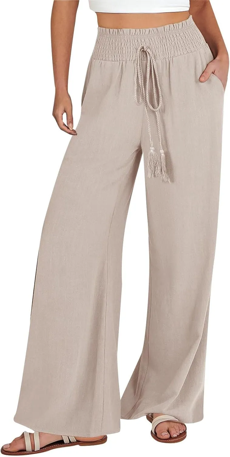 yardsong Linen Pants Women Summer Boho Smocked Drawstring High Waist Wide Leg Casual Loose Fit Trousers with Pockets
