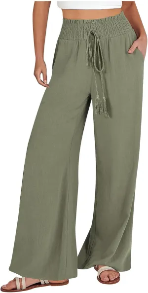 yardsong Linen Pants Women Summer Boho Smocked Drawstring High Waist Wide Leg Casual Loose Fit Trousers with Pockets