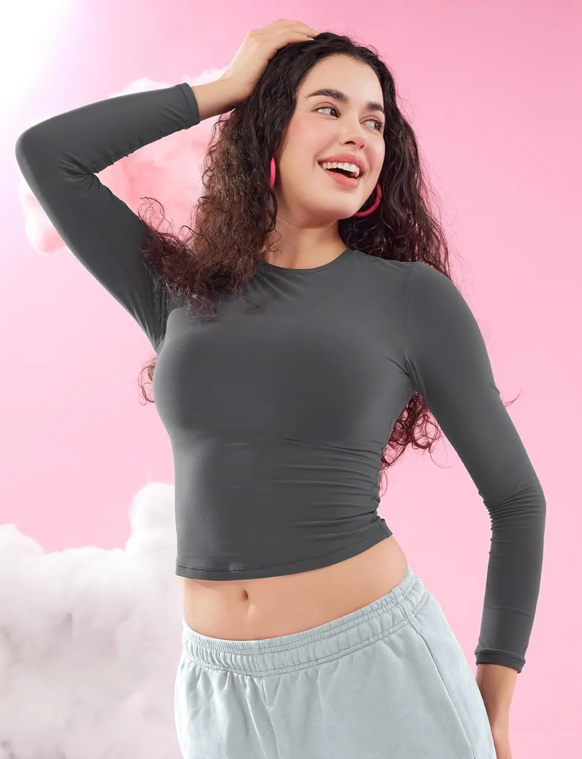 YEOREO Long Sleeve Shirts for Women y2k Tops Double Lined Basic Tee Crew Neck Going Out Sweeney Workout Undershirt