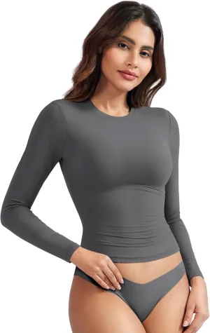 YEOREO Long Sleeve Shirts for Women y2k Tops Double Lined Basic Tee Crew Neck Going Out Sweeney Workout Undershirt