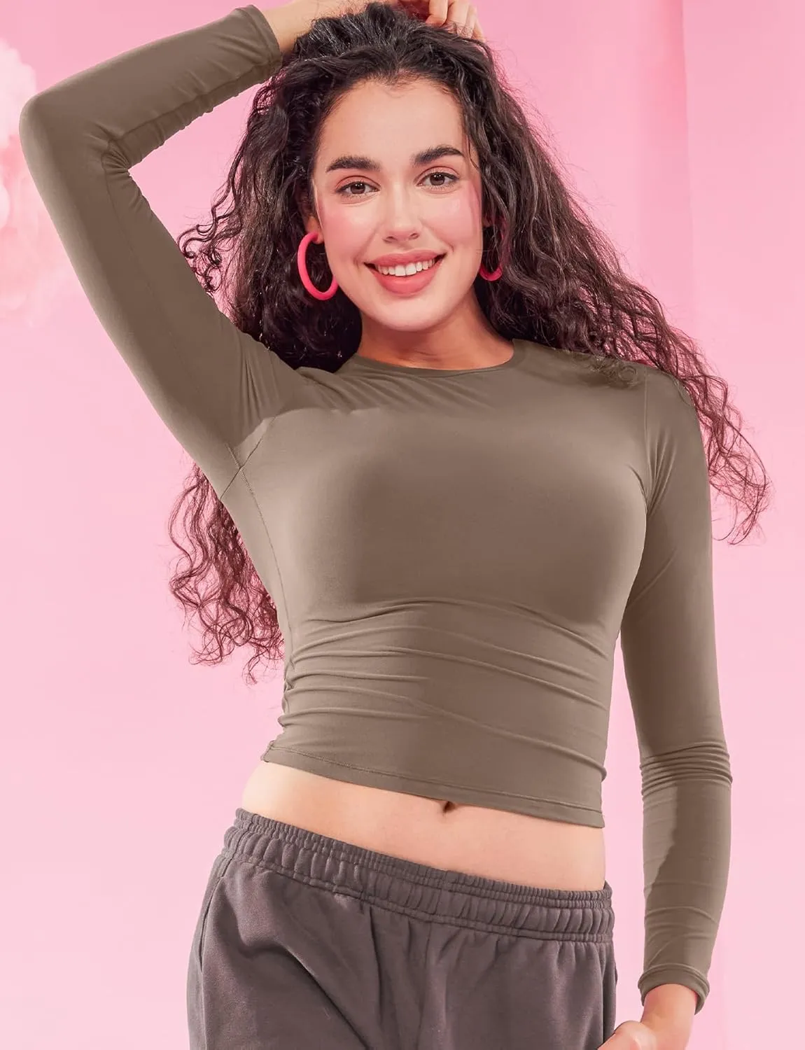 YEOREO Long Sleeve Shirts for Women y2k Tops Double Lined Basic Tee Crew Neck Going Out Sweeney Workout Undershirt