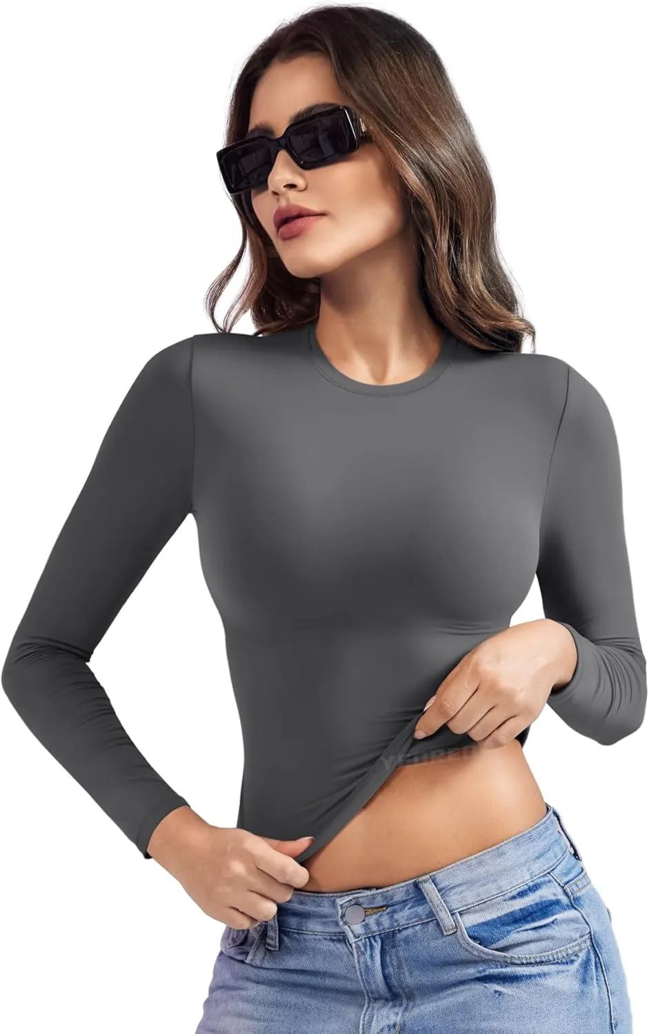 YEOREO Long Sleeve Shirts for Women y2k Tops Double Lined Basic Tee Crew Neck Going Out Sweeney Workout Undershirt