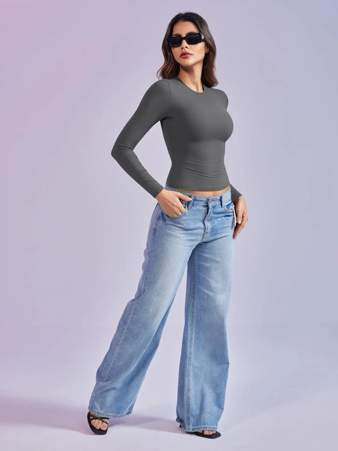 YEOREO Long Sleeve Shirts for Women y2k Tops Double Lined Basic Tee Crew Neck Going Out Sweeney Workout Undershirt