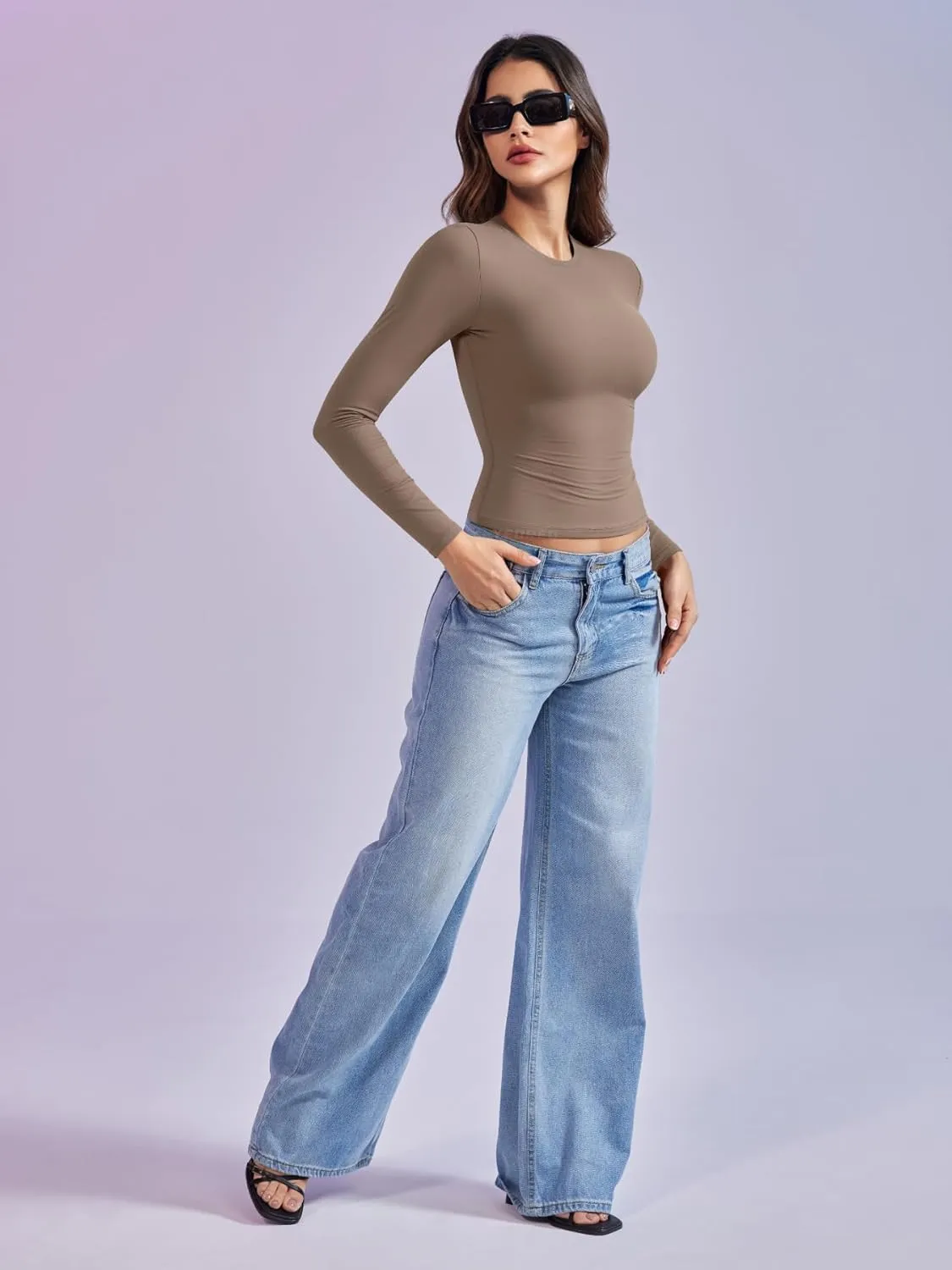 YEOREO Long Sleeve Shirts for Women y2k Tops Double Lined Basic Tee Crew Neck Going Out Sweeney Workout Undershirt