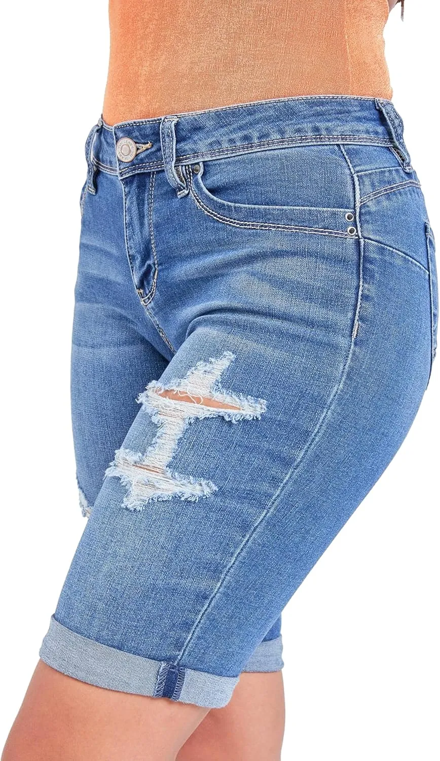 YMI Women's Junior Wannabettabutt Cuffed Rise Bermuda Mid Length Denim Shorts