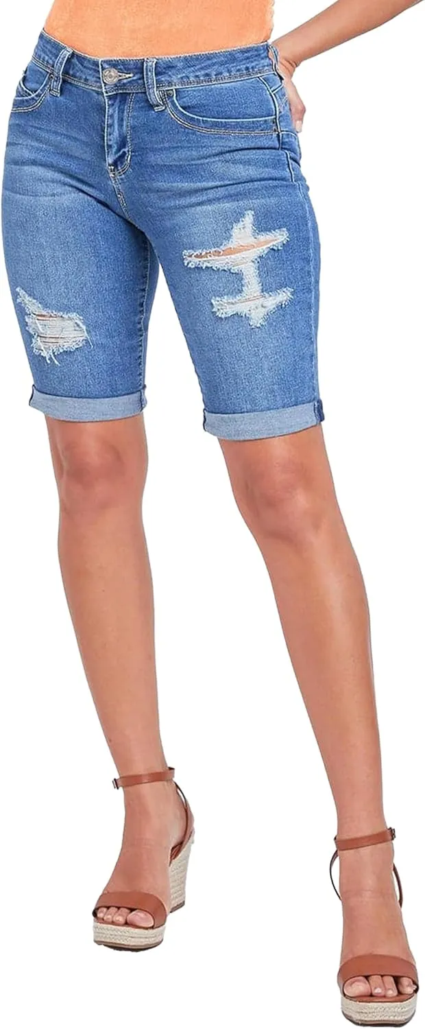YMI Women's Junior Wannabettabutt Cuffed Rise Bermuda Mid Length Denim Shorts